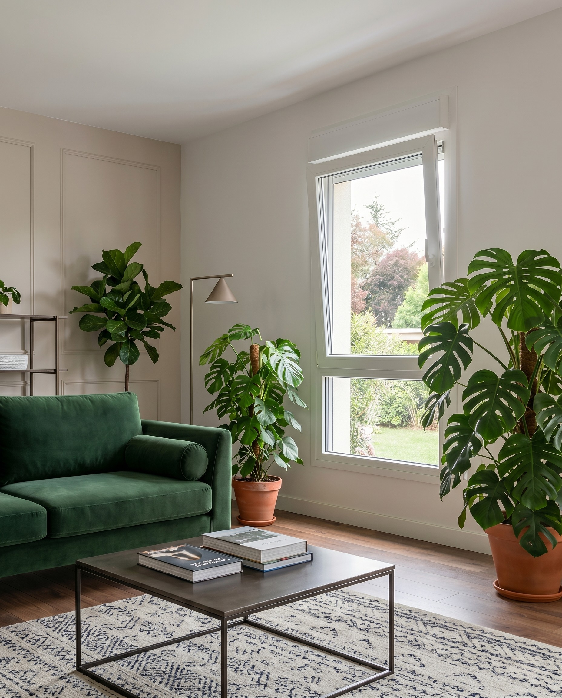 Sala contemporânea de estilo nórdico com janela de batente em PVC de duas folhas na cor branca.
