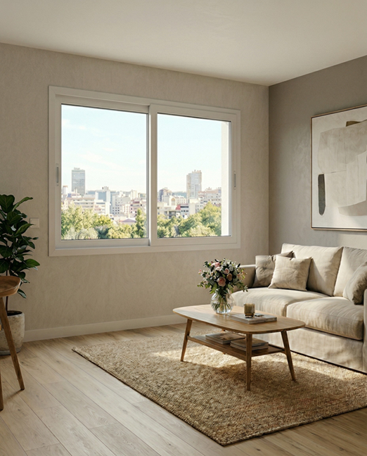 Salón contemporáneo con ventana corredera